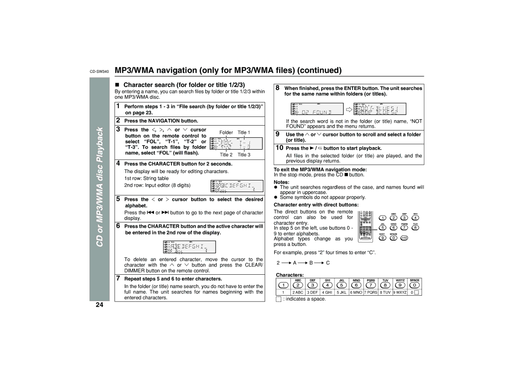 Sharp SW340 operation manual Character search for folder or title 1/2/3 