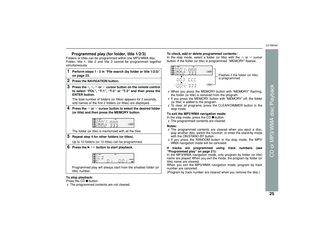 Sharp SW340 operation manual Programmed play for folder, title 1/2/3, Repeat for other folders or titles 