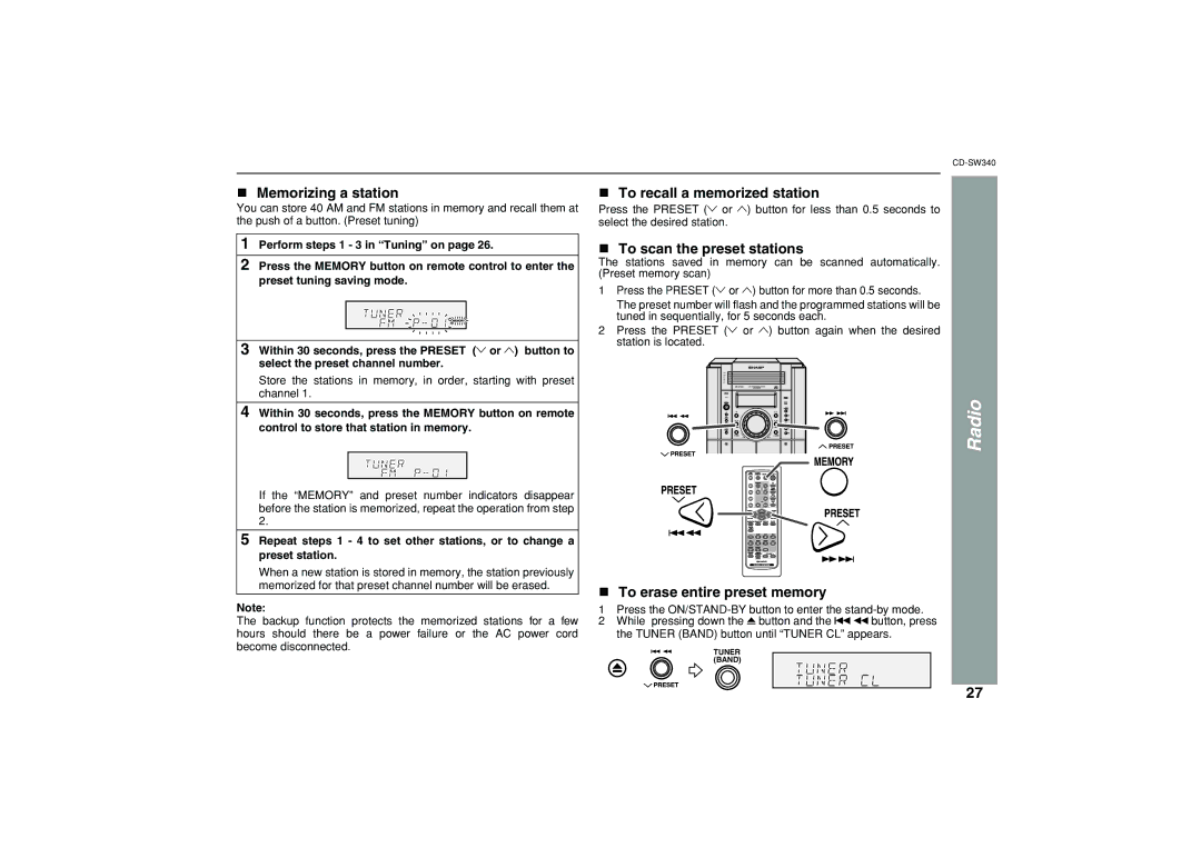 Sharp SW340 operation manual Memorizing a station, To recall a memorized station, To scan the preset stations 