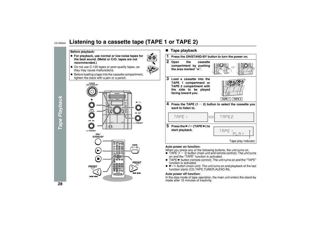 Sharp operation manual CD-SW340Listening to a cassette tape Tape 1 or Tape, Tape Playback 