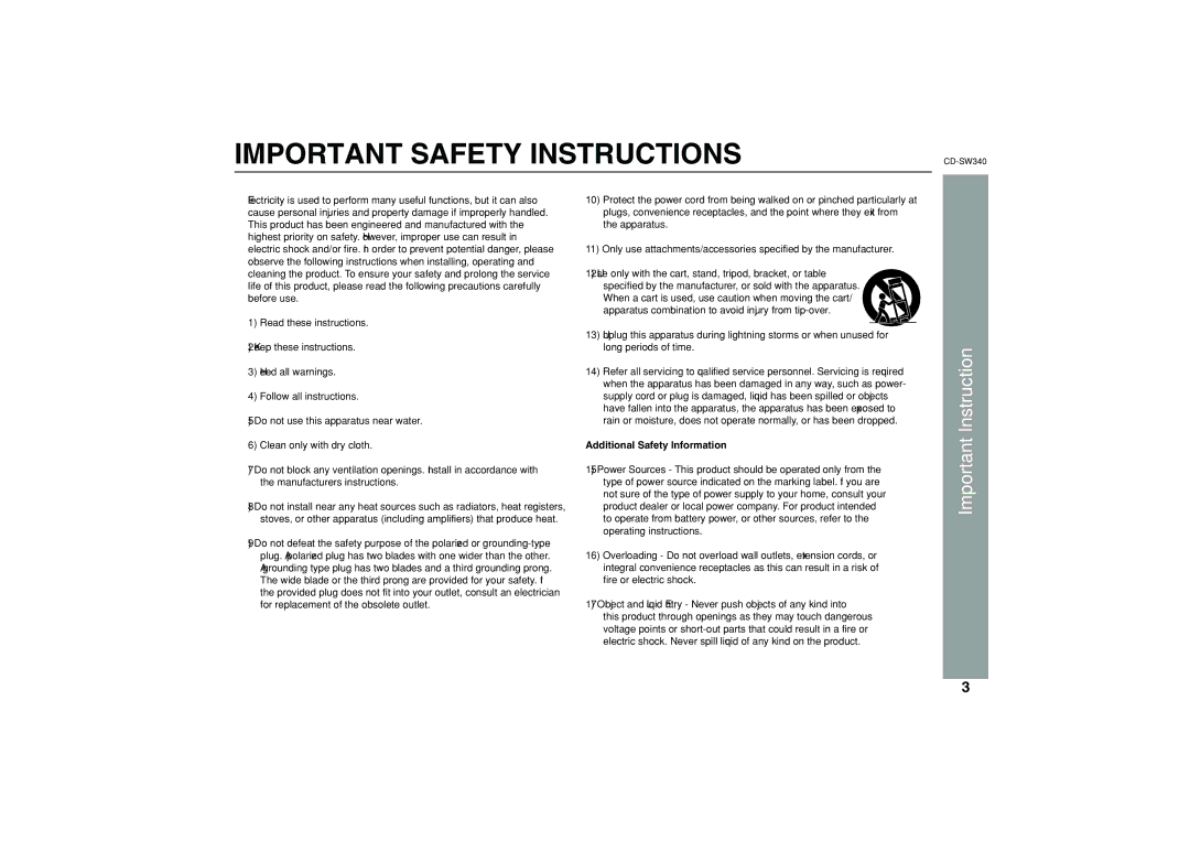 Sharp SW340 operation manual Important Safety Instructions 