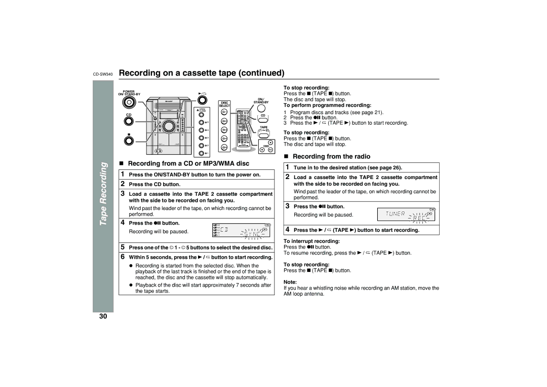 Sharp SW340 operation manual Recording from a CD or MP3/WMA disc, Recording from the radio 