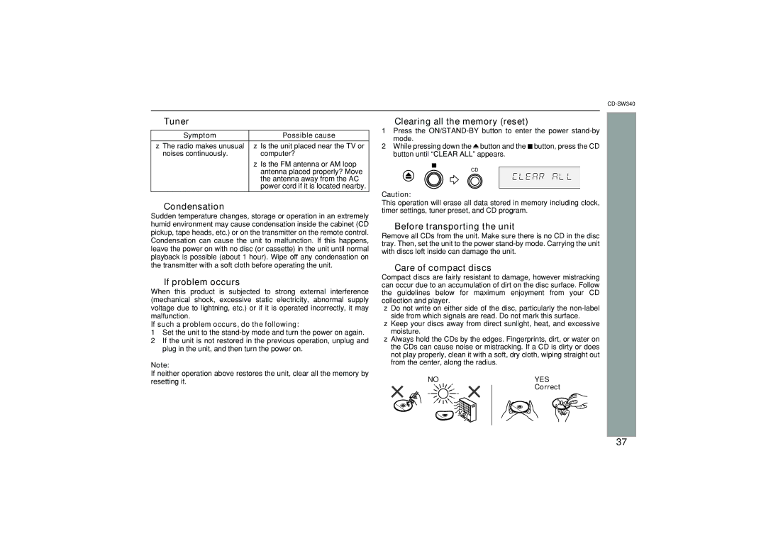 Sharp SW340 Tuner, Condensation, If problem occurs, Clearing all the memory reset, Before transporting the unit 