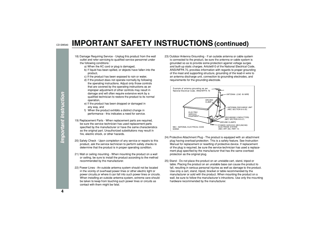 Sharp operation manual CD-SW340IMPORTANT Safety Instructions 