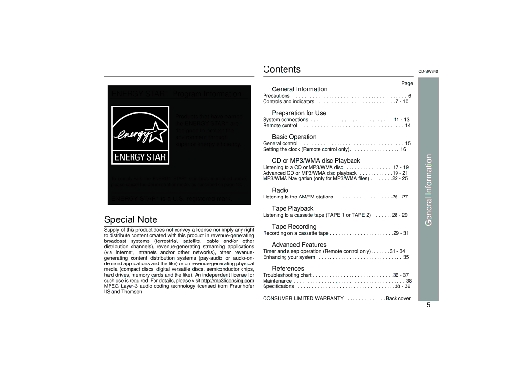 Sharp SW340 operation manual Special Note Contents 