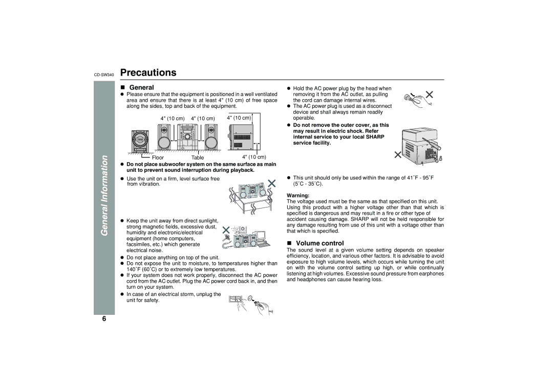 Sharp operation manual CD-SW340Precautions, General, Volume control 