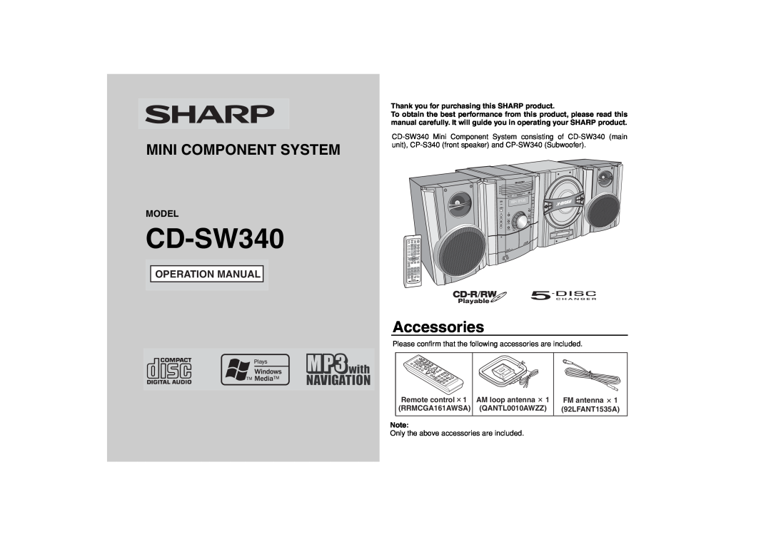 Sharp operation manual Mini Component System, Model, CD-SW340, Accessories 