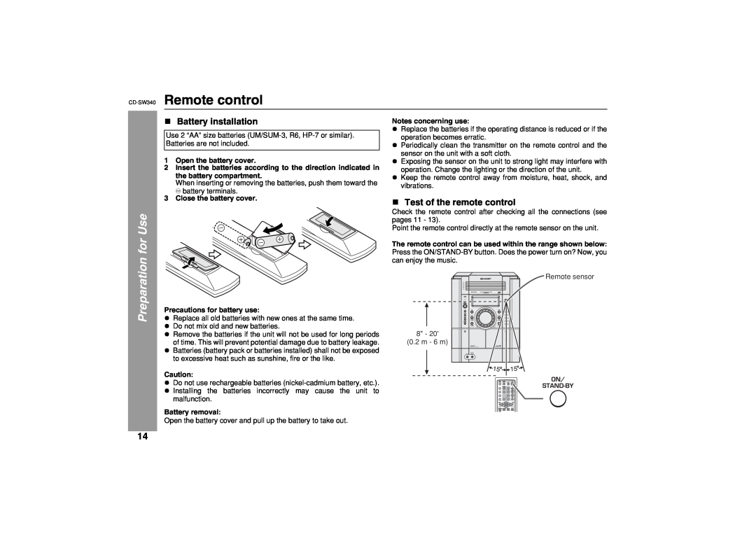 Sharp operation manual CD-SW340 Remote control, Battery installation, Test of the remote control, Preparation for Use 