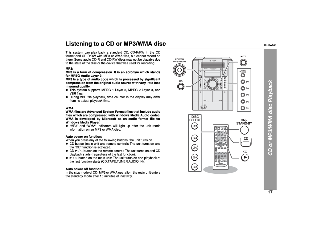 Sharp SW340 operation manual Listening to a CD or MP3/WMA disc, CD or MP3/WMA disc Playback 