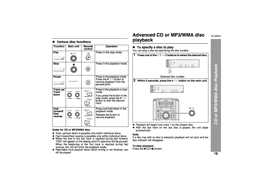 Sharp SW340 operation manual Advanced CD or MP3/WMA disc playback, Various disc functions, To specify a disc to play 