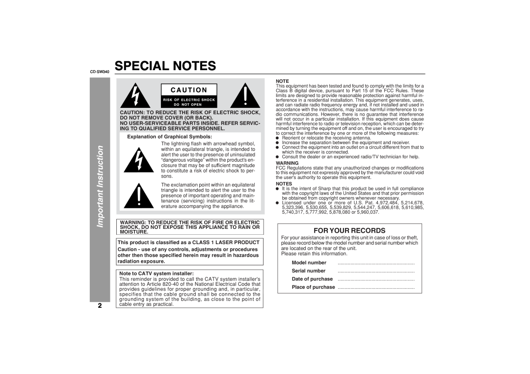 Sharp SW340 operation manual Special Notes, Important Instruction, For Your Records 