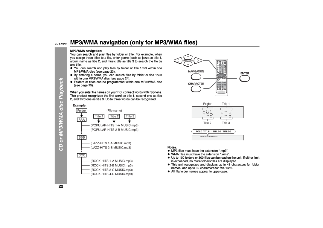 Sharp SW340 operation manual MP3/WMA navigation only for MP3/WMA files, Playback, CD or MP3/WMA, disc 