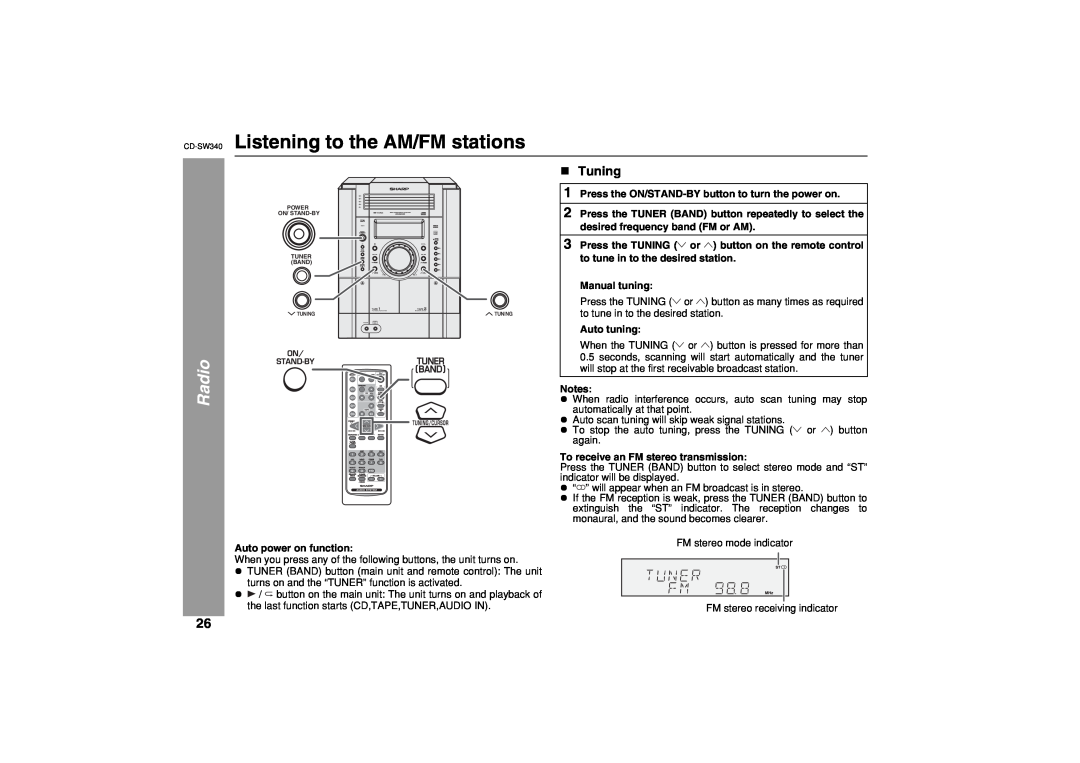 Sharp SW340 operation manual Listening to the AM/FM stations, Radio, Tuning 