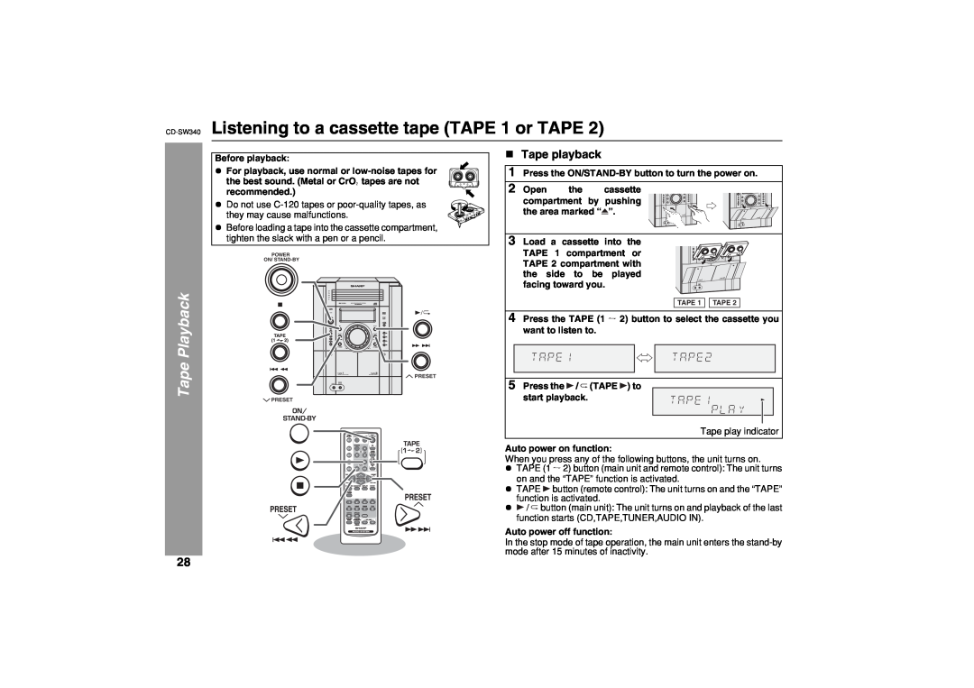 Sharp SW340 operation manual Tape Playback, Tape playback 