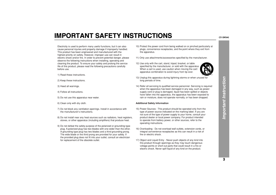 Sharp SW340 operation manual Important Safety Instructions, Important Instruction, Additional Safety Information 