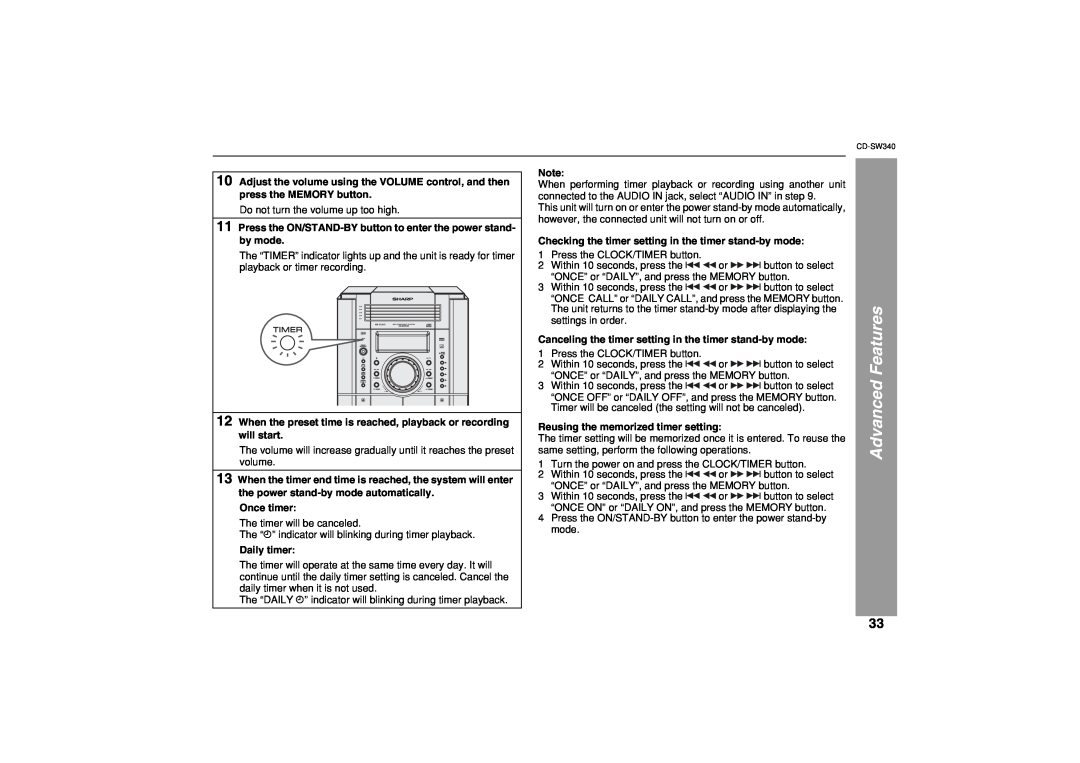Sharp SW340 operation manual Advanced Features, Once timer 