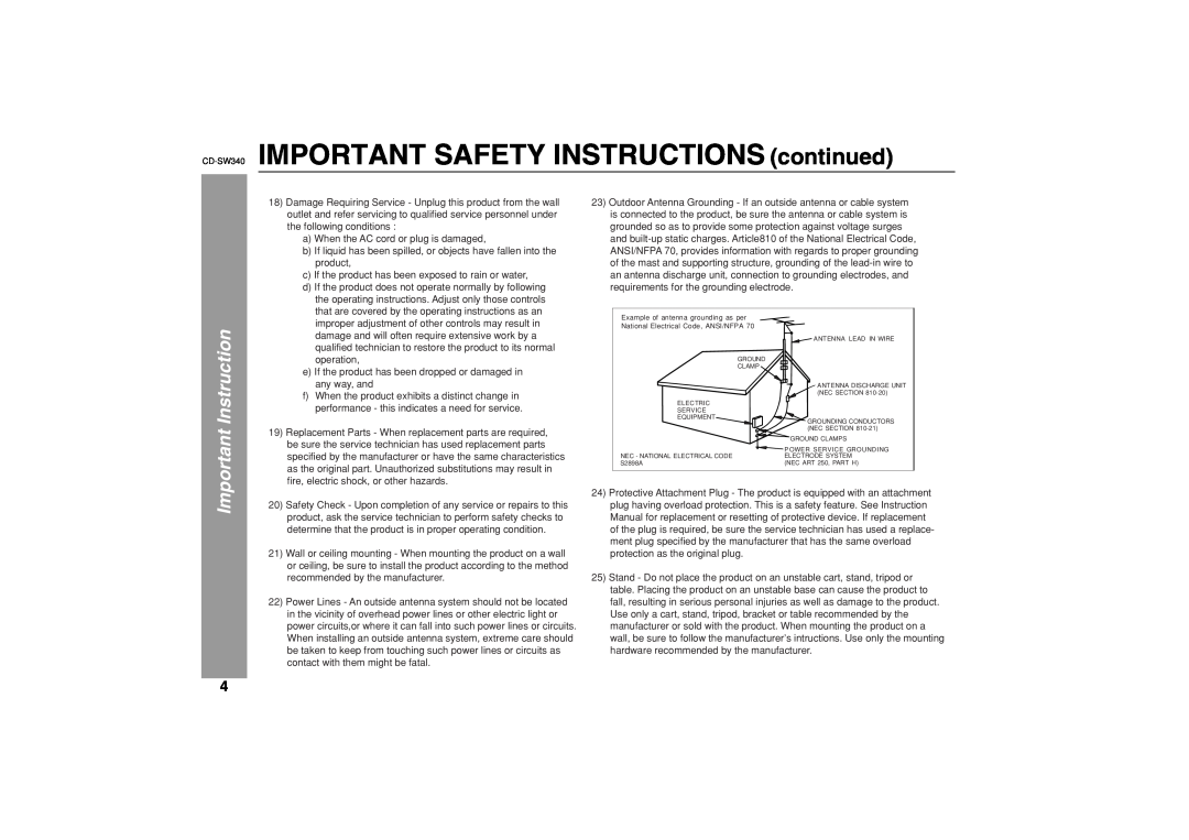 Sharp operation manual CD-SW340 IMPORTANT SAFETY INSTRUCTIONS continued, Important Instruction 