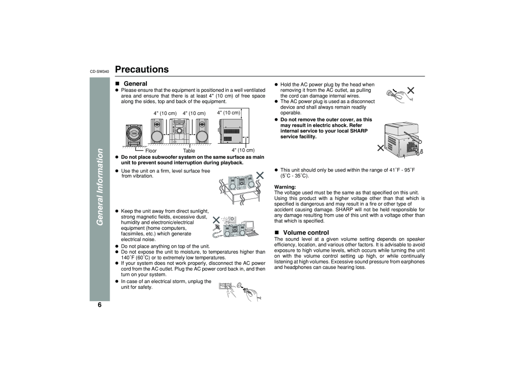 Sharp operation manual CD-SW340 Precautions, Volume control, General Information 