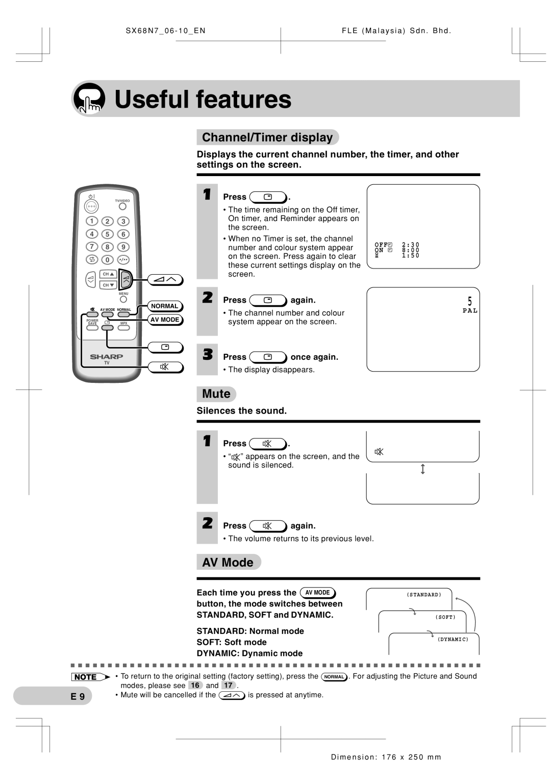 Sharp SX68N7 operation manual Useful features, Channel/Timer display, Mute, AV Mode, Silences the sound 