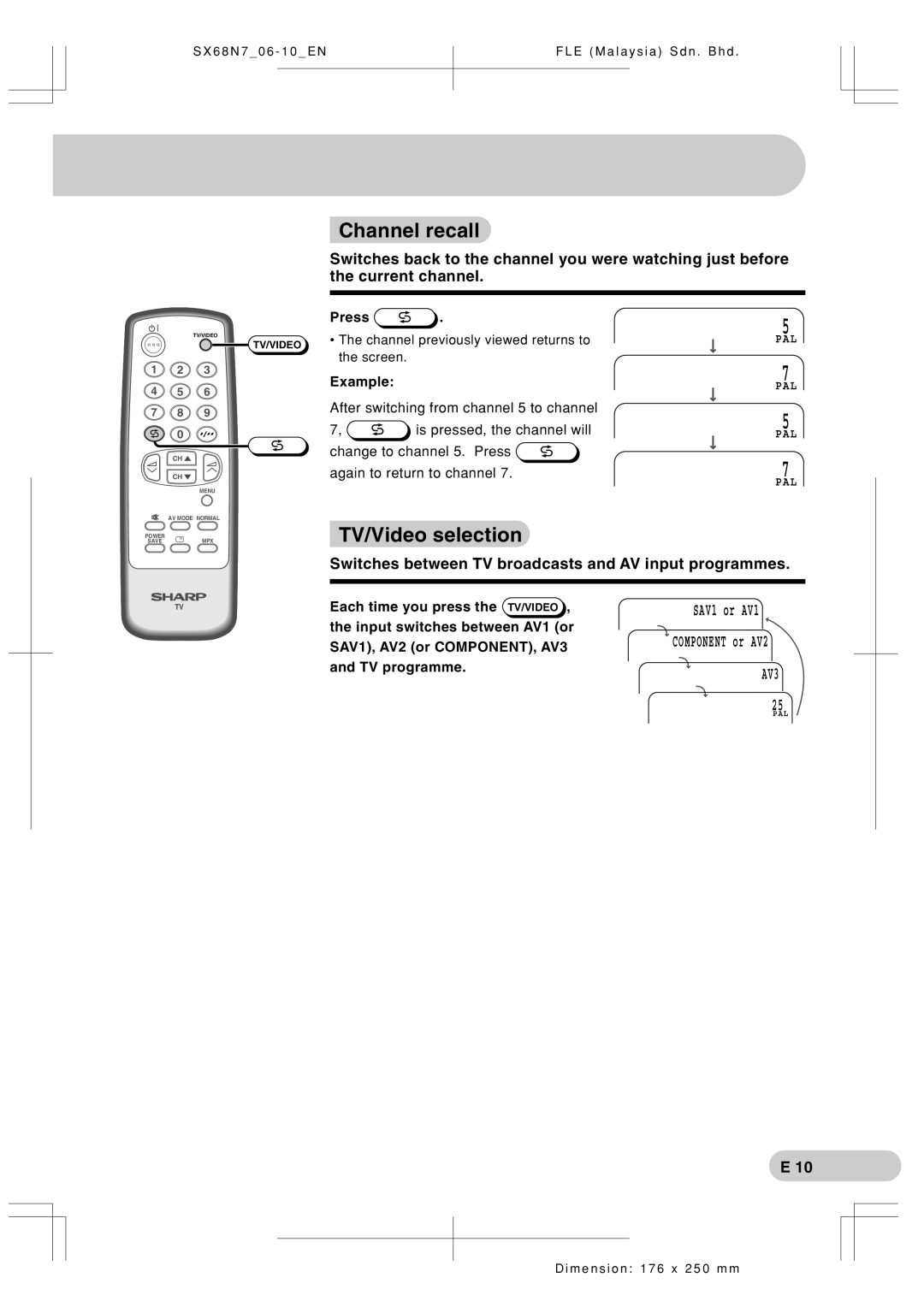 Sharp SX68N7 operation manual Channel recall, TV/Video selection, Switches between TV broadcasts and AV input programmes 