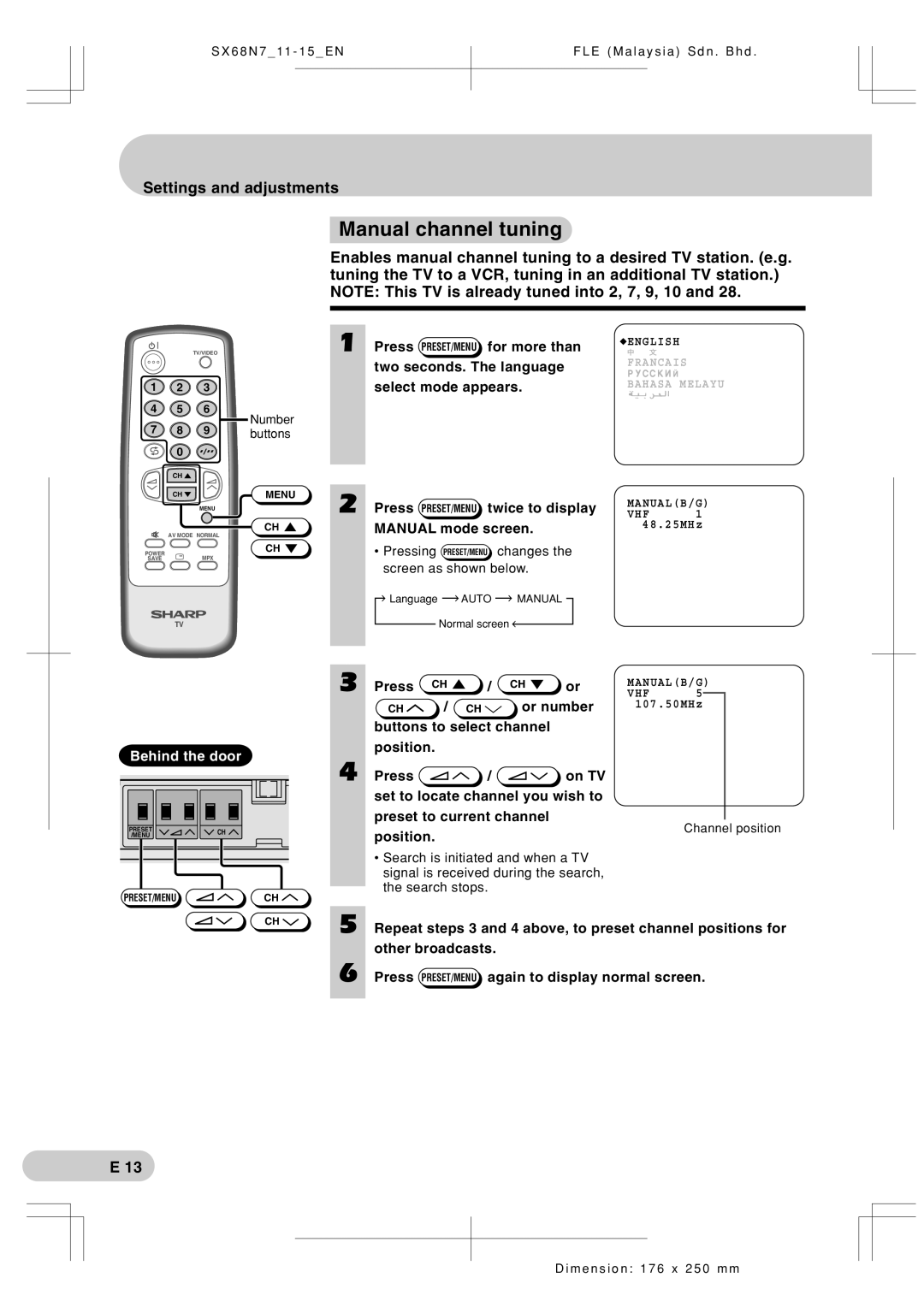 Sharp SX68N7 operation manual Manual channel tuning, Settings and adjustments, Or number, Position 