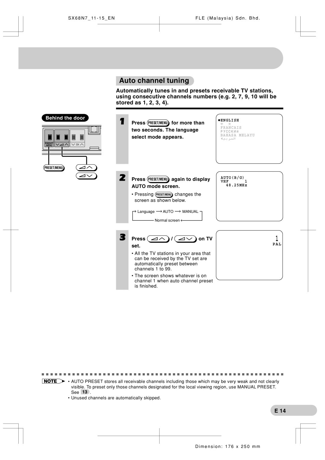 Sharp SX68N7 operation manual Auto channel tuning, Press On TV Set 