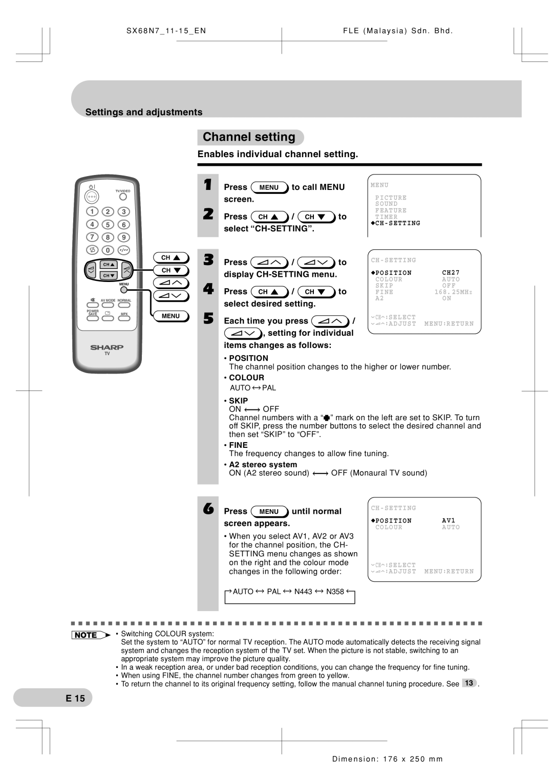 Sharp SX68N7 operation manual Channel setting, Enables individual channel setting, Press Menu until normal Screen appears 