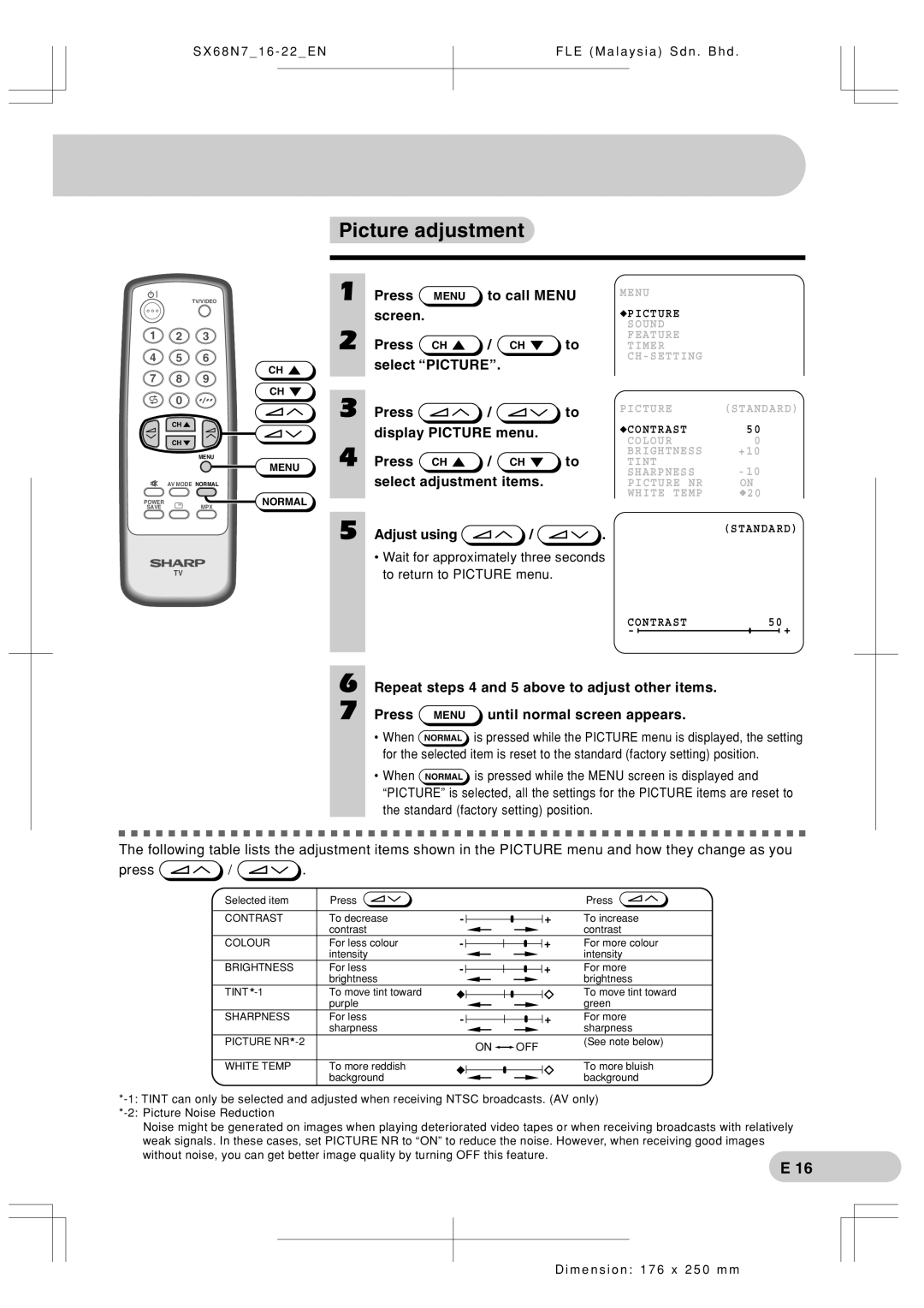 Sharp SX68N7 operation manual Picture adjustment 