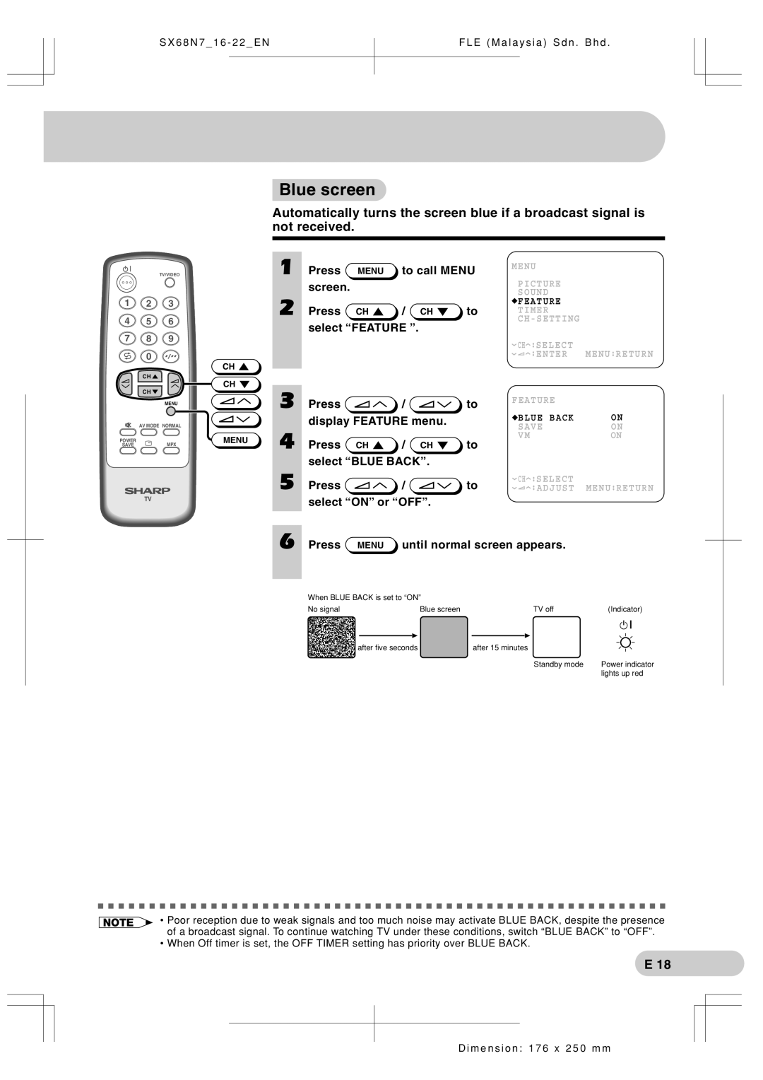 Sharp SX68N7 Blue screen, Select Feature, Display Feature menu, Press Select Blue Back, Select on or OFF Press 