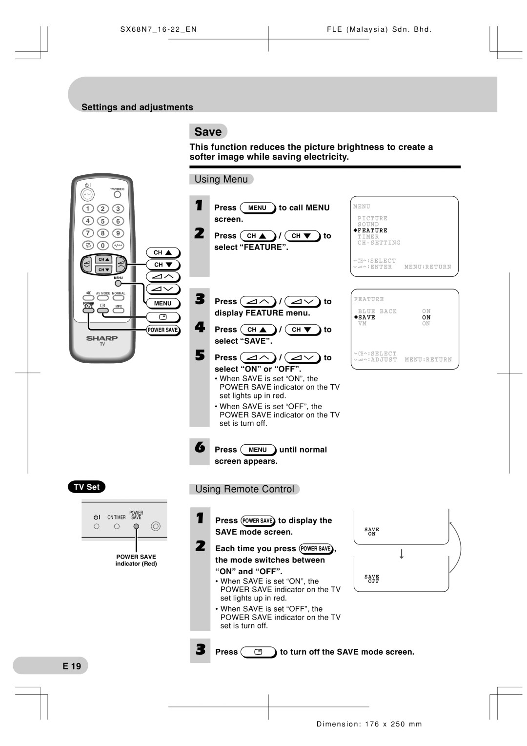 Sharp SX68N7 operation manual Press Power Save to display, Save mode screen, Mode switches between On and OFF 