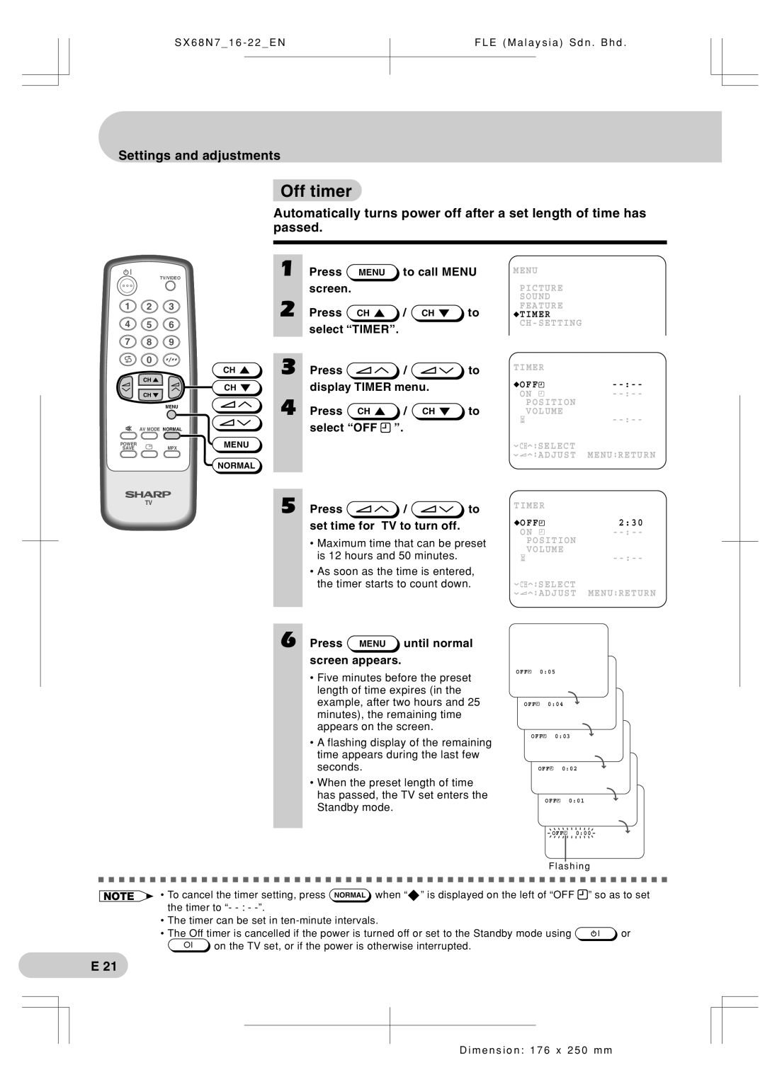 Sharp SX68N7 Off timer, Screen Press Select Timer Display Timer menu Select OFF, Set time for TV to turn off 