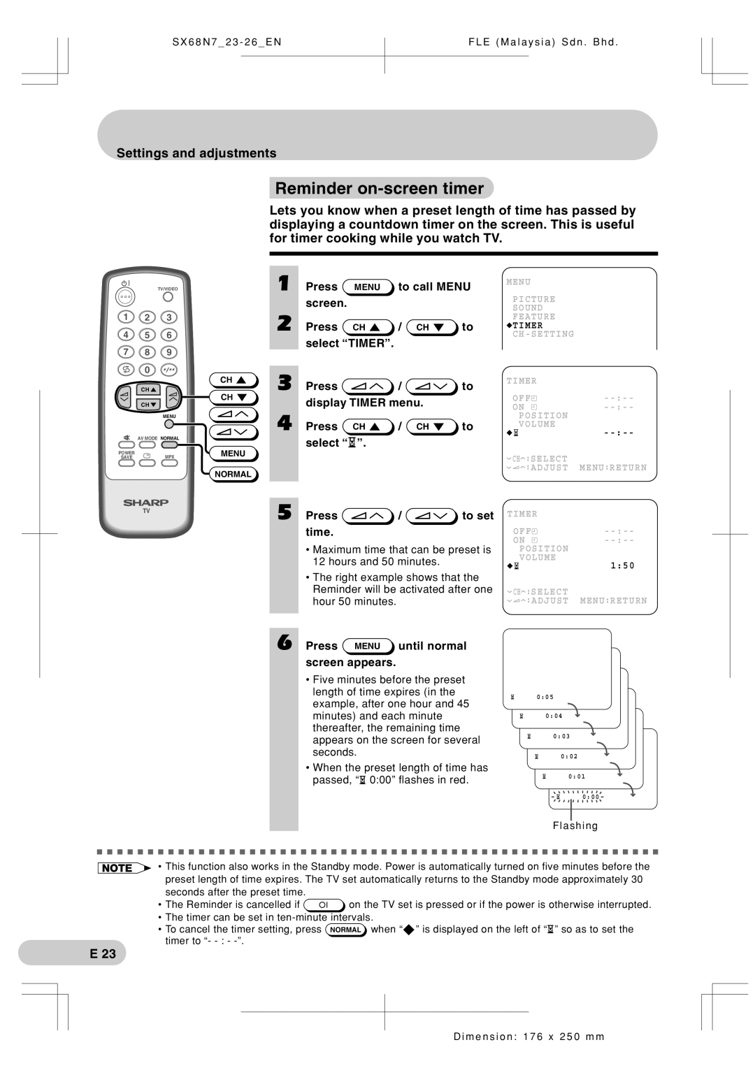 Sharp SX68N7 operation manual Reminder on-screen timer 