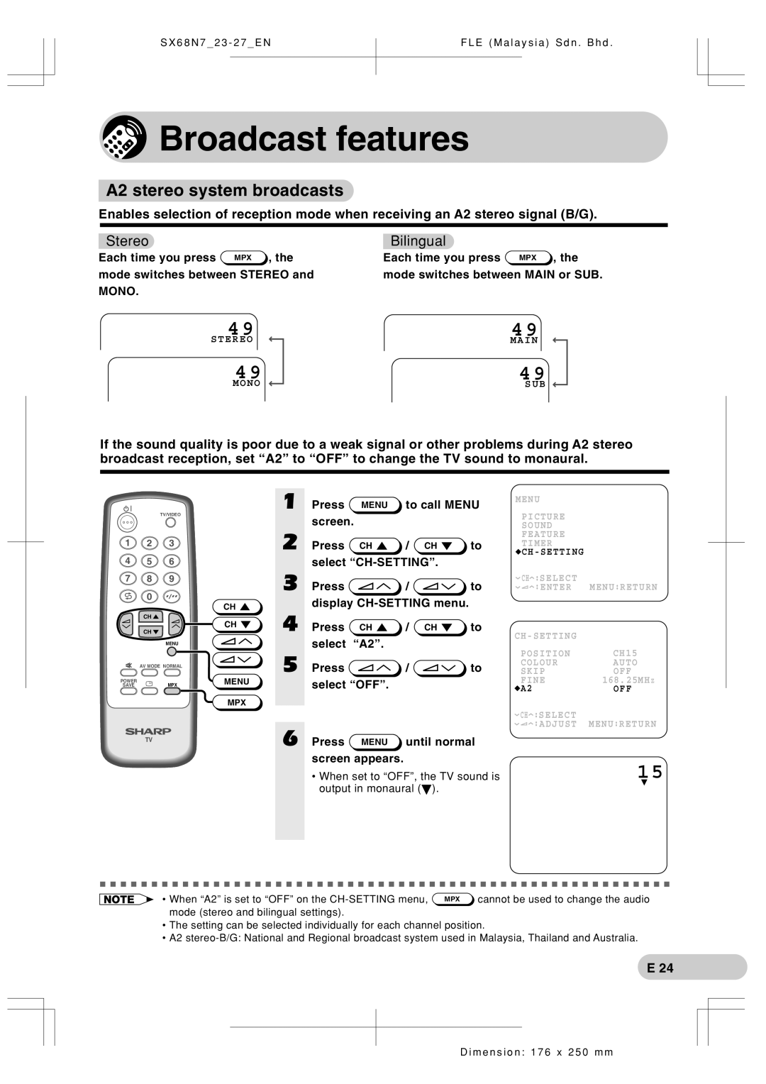 Sharp SX68N7 operation manual Broadcast features, A2 stereo system broadcasts 