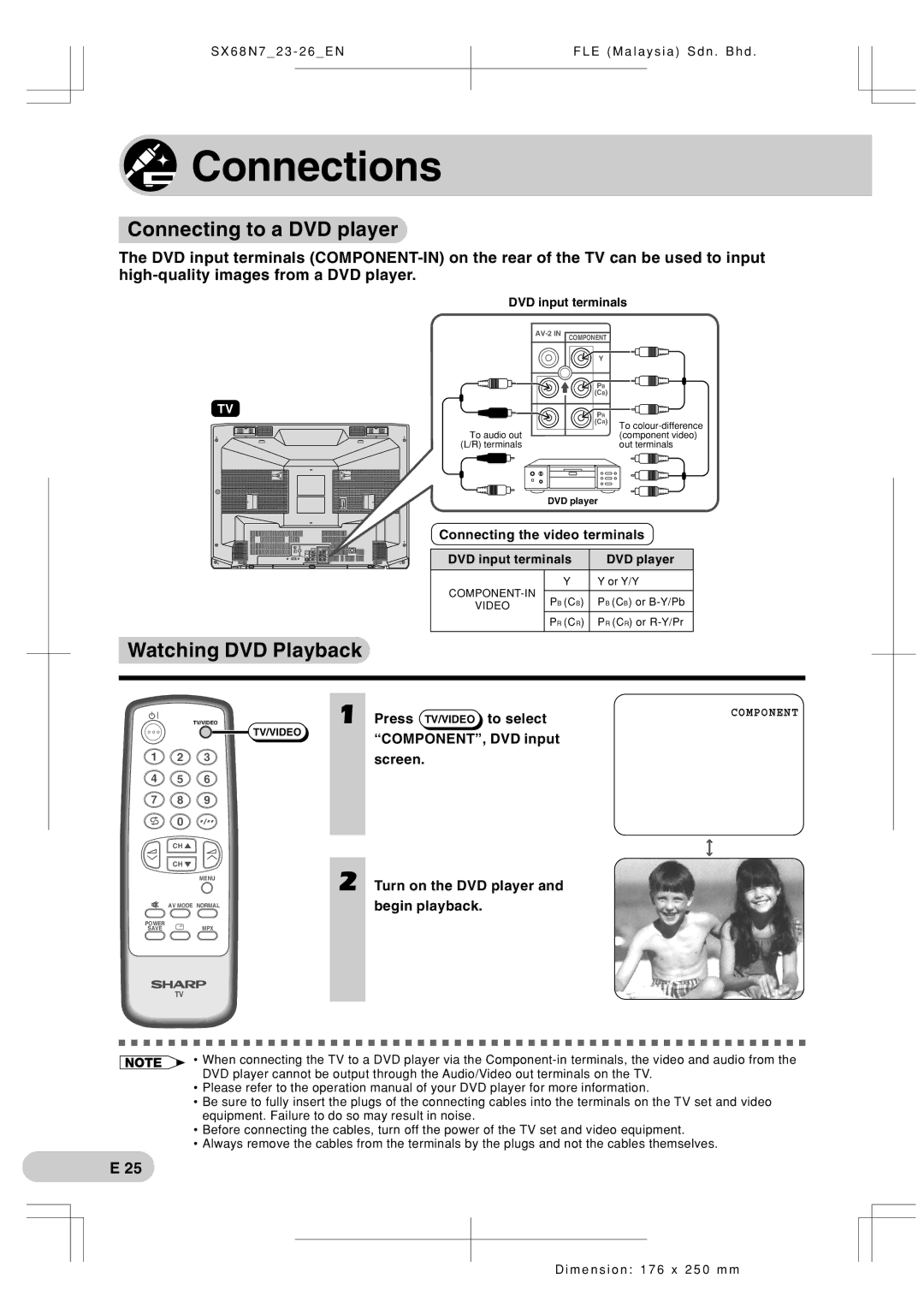 Sharp SX68N7 operation manual Connections, Connecting to a DVD player, Watching DVD Playback 