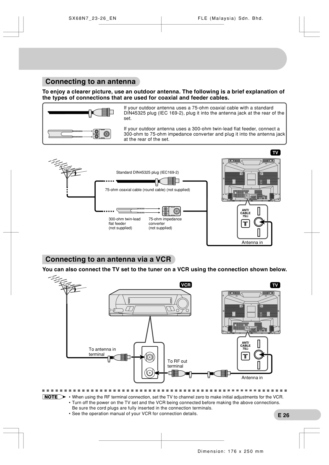 Sharp SX68N7 operation manual Connecting to an antenna via a VCR 