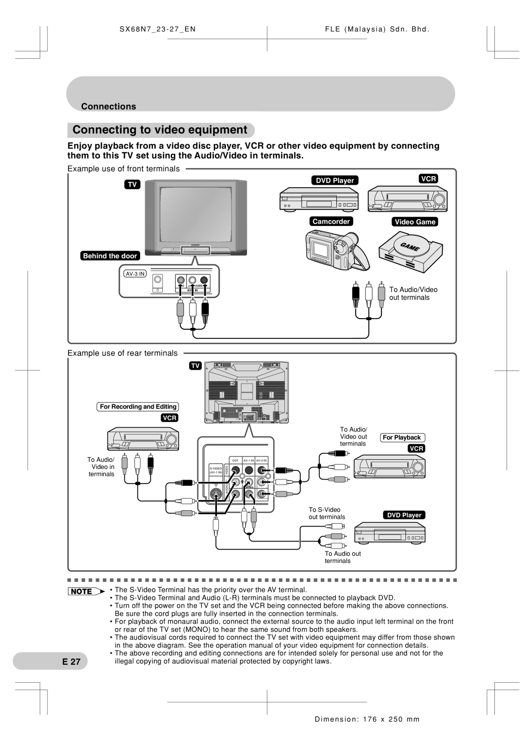 Sharp SX68N7 operation manual Connecting to video equipment, Connections 