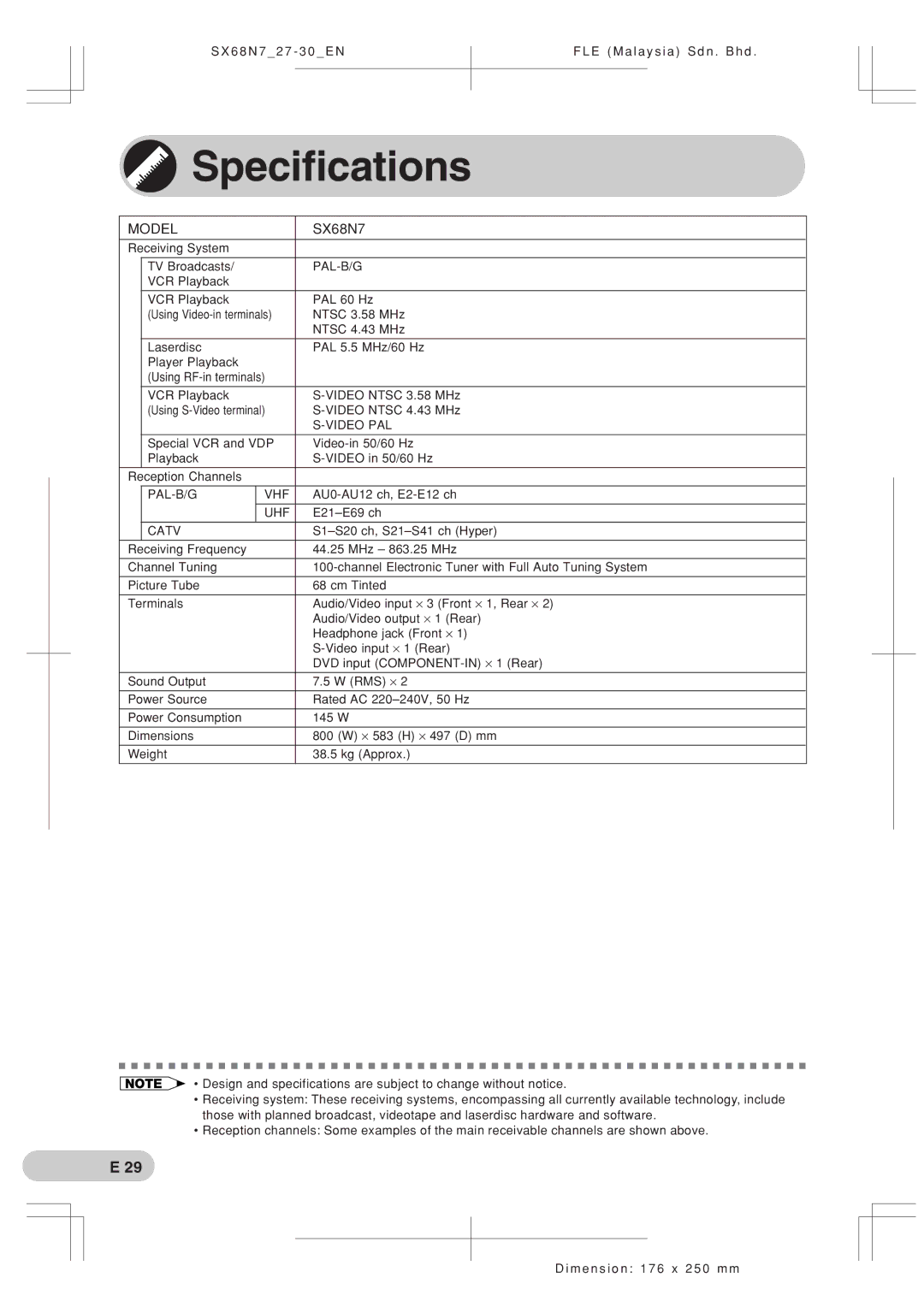 Sharp SX68N7 operation manual Specifications, Model 