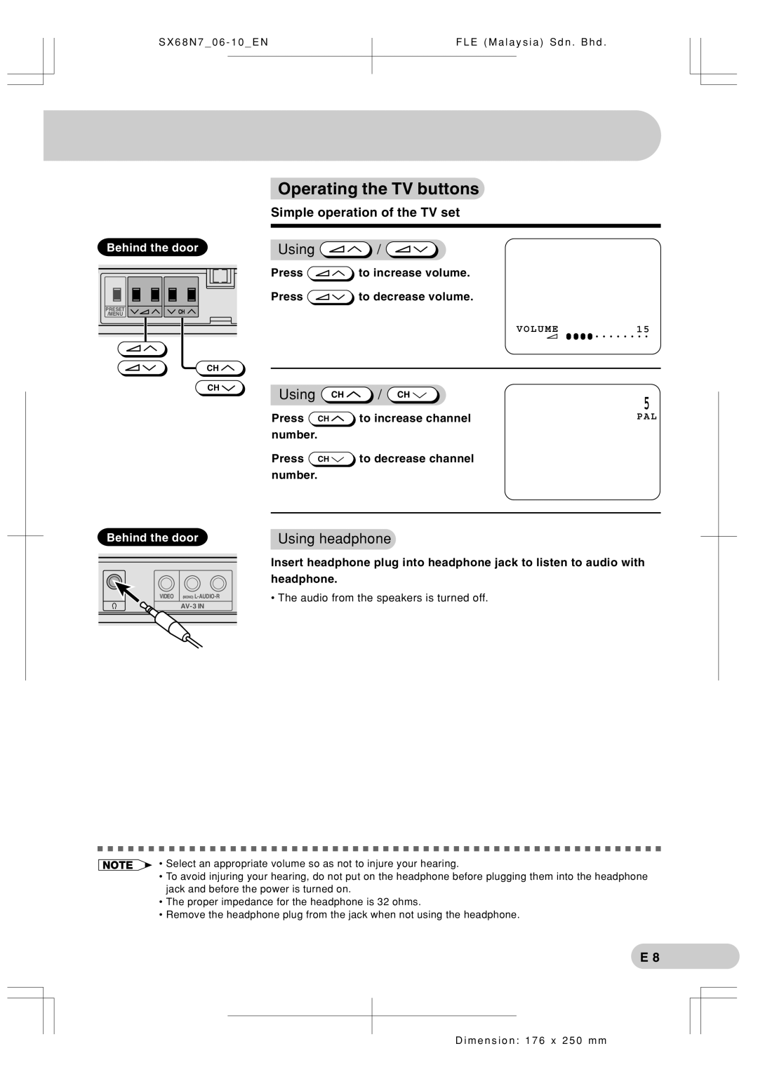 Sharp SX68N7 Operating the TV buttons, Simple operation of the TV set, Press to increase volume Press to decrease volume 