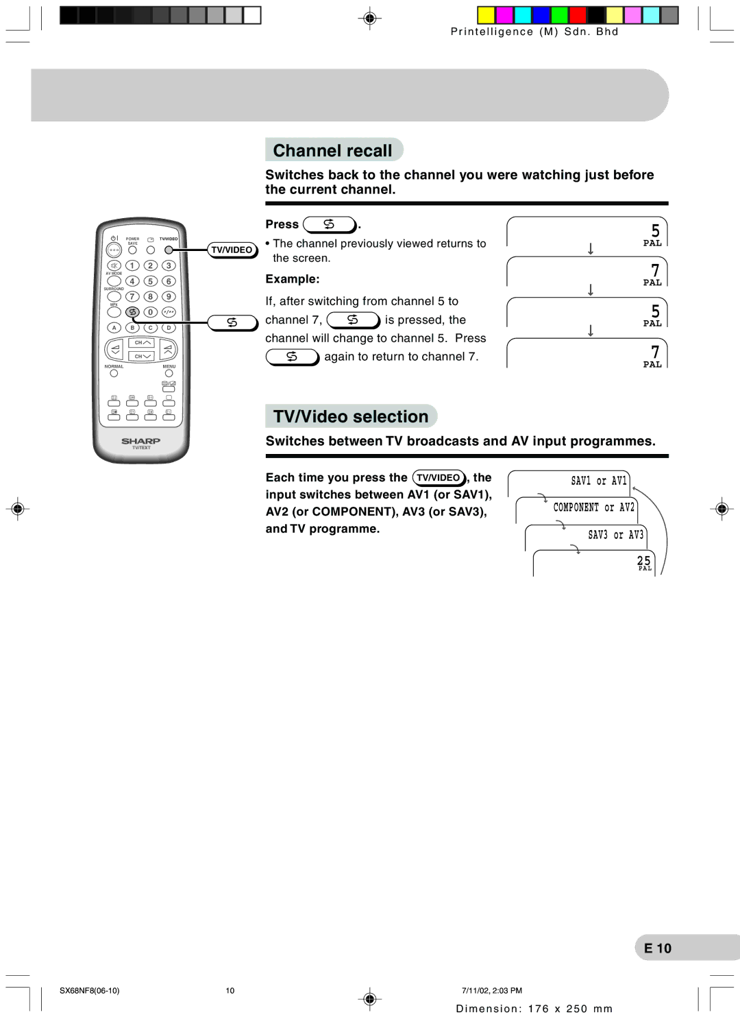 Sharp SX68NF8 operation manual Channel recall, TV/Video selection, Switches between TV broadcasts and AV input programmes 