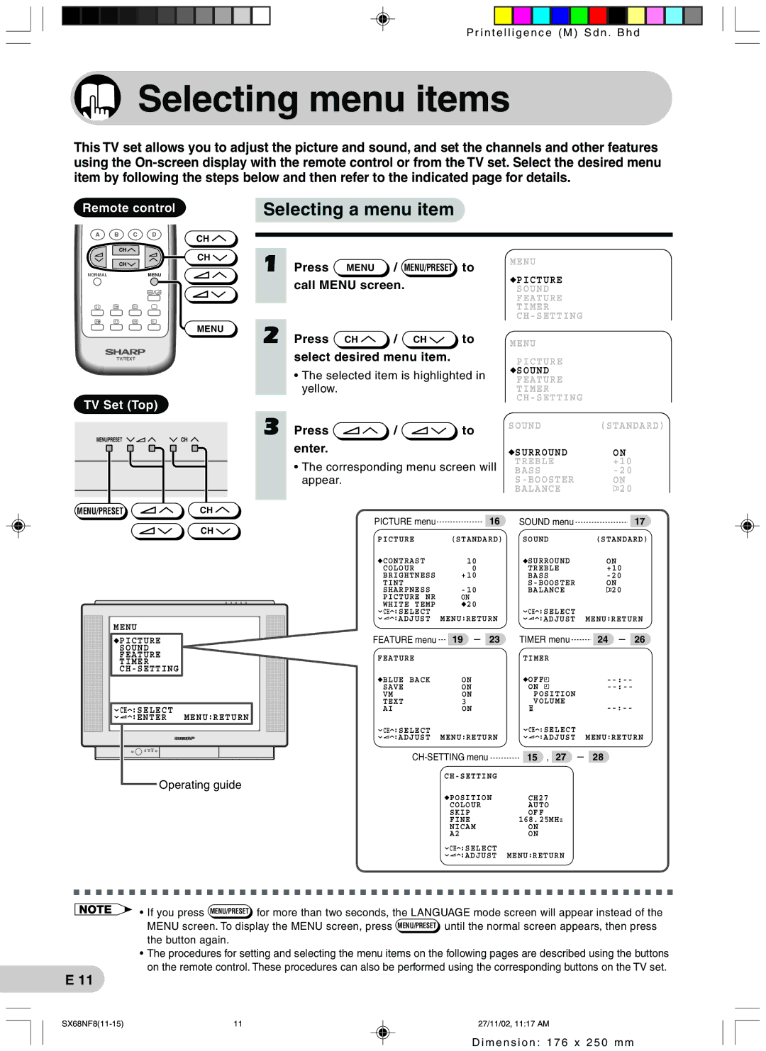 Sharp SX68NF8 operation manual Selecting menu items, Selecting a menu item, Call Menu screen Press Select desired menu item 