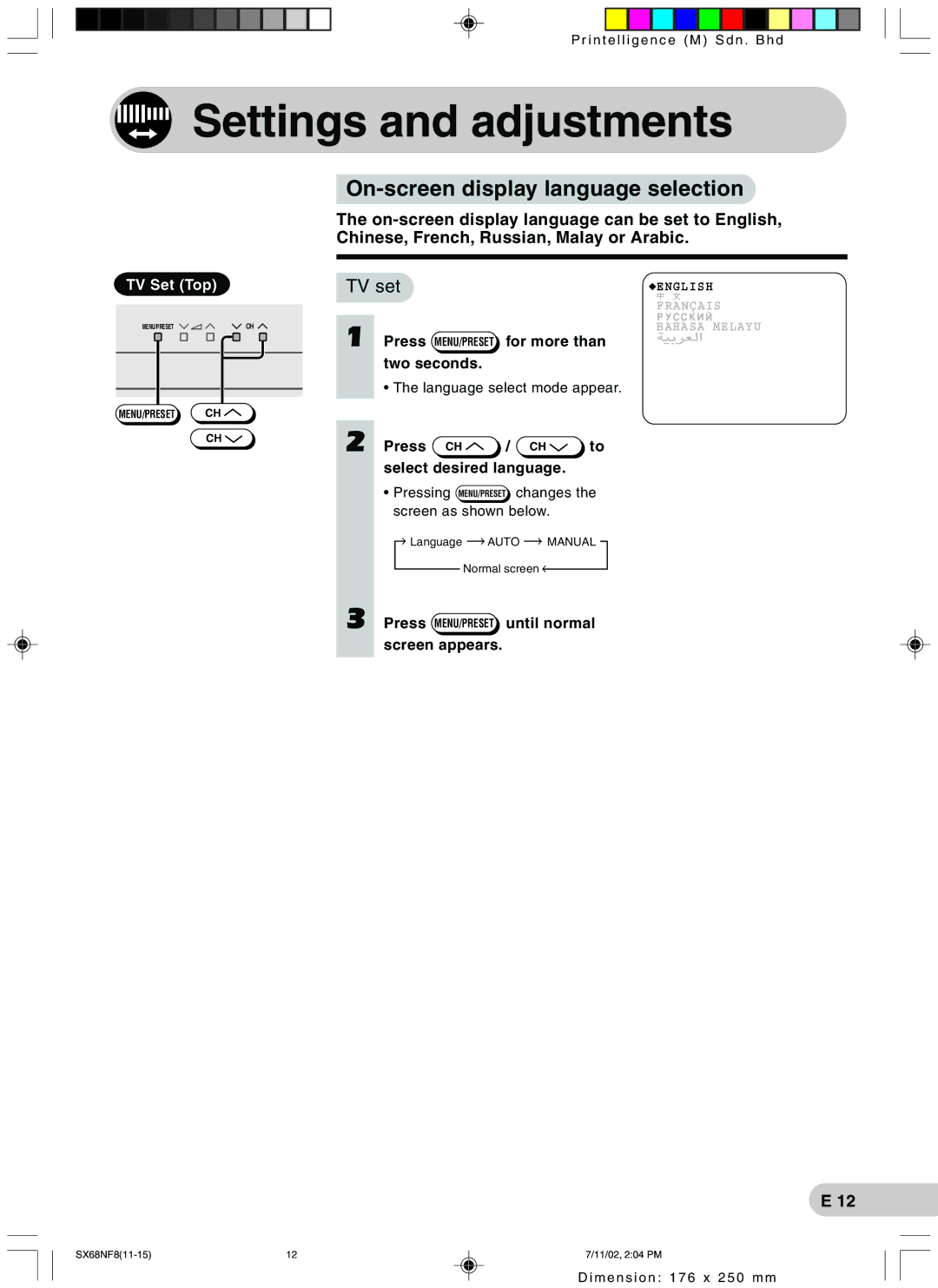 Sharp SX68NF8 Settings and adjustments, On-screen display language selection, Press MENU/PRESET for more than Two seconds 