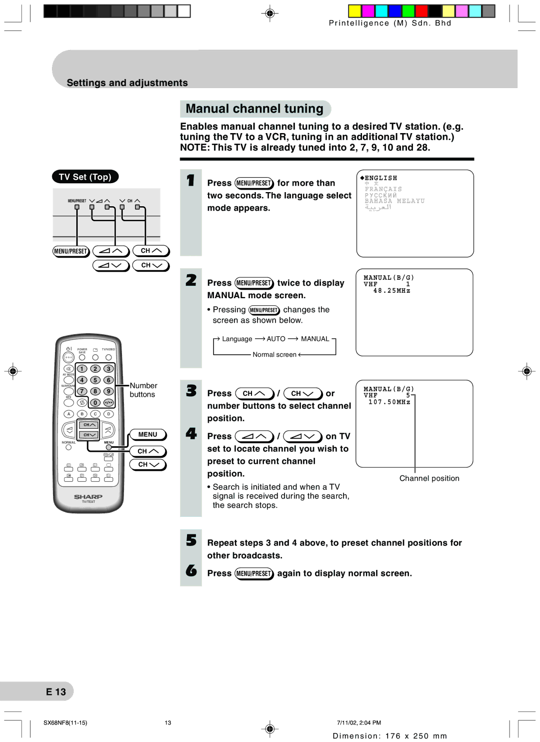 Sharp SX68NF8 operation manual Manual channel tuning, Settings and adjustments, Number, Buttons 