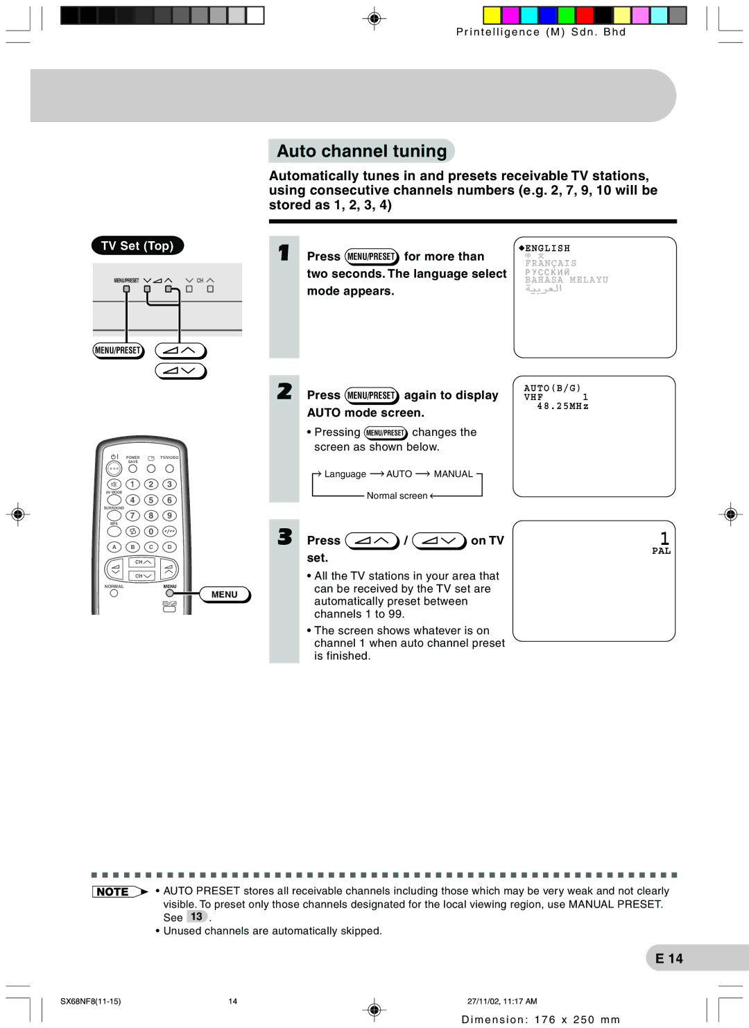 Sharp SX68NF8 operation manual Auto channel tuning, Press MENU/PRESET again to display Auto mode screen, Press / on TV set 