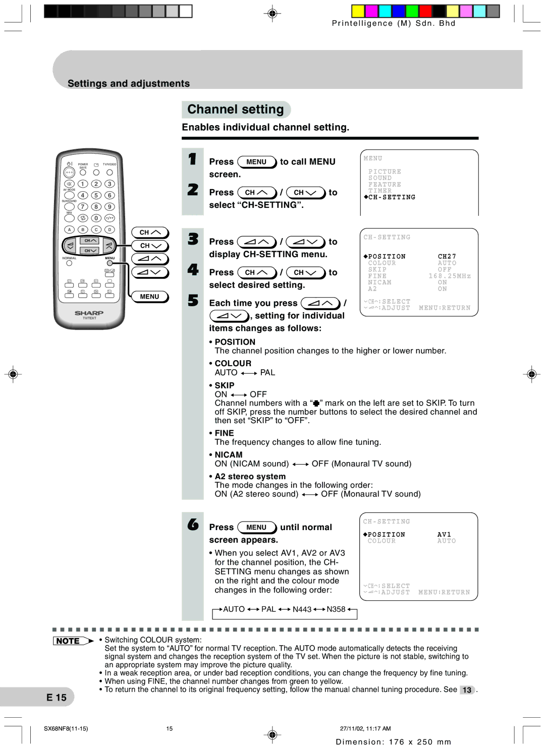 Sharp SX68NF8 Channel setting, Enables individual channel setting, To call Menu, Press Menu until normal Screen appears 