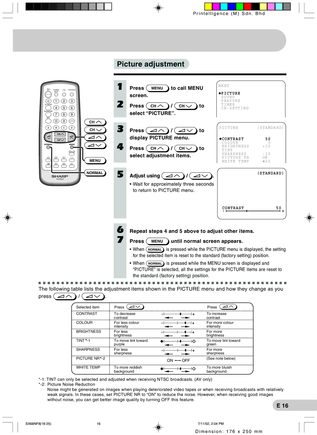 Sharp SX68NF8 Picture adjustment, Repeat steps 4 and 5 above to adjust other items, Until normal screen appears 