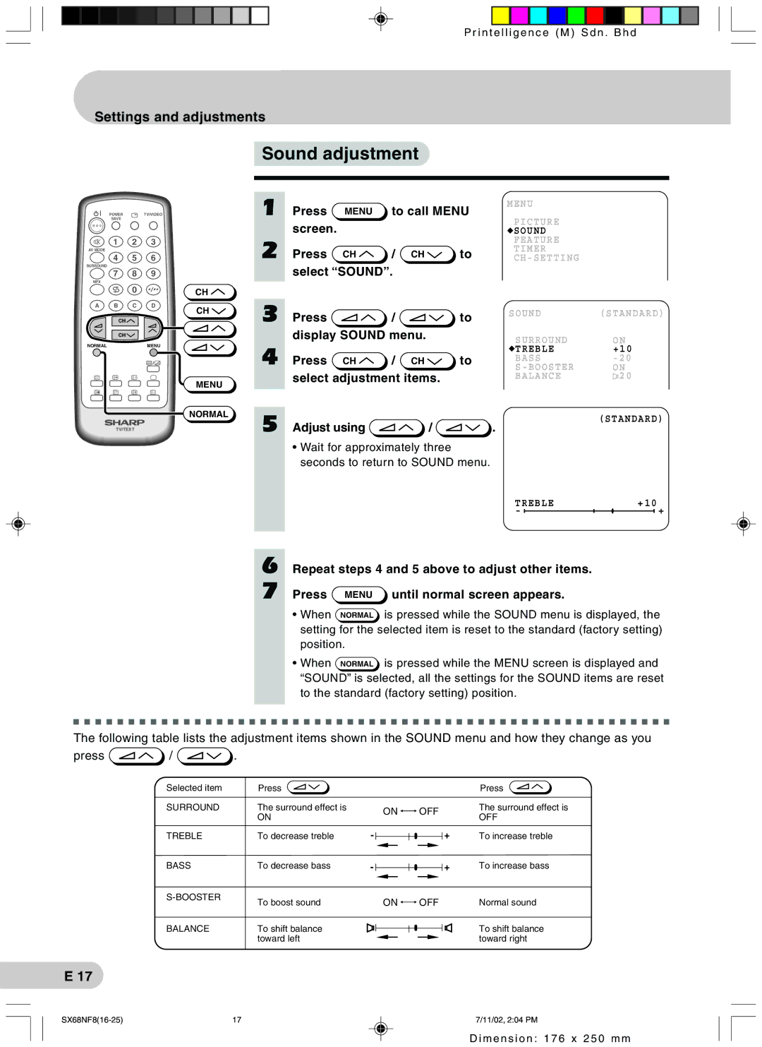 Sharp SX68NF8 operation manual Sound adjustment, Surround Treble Bass Booster Balance 