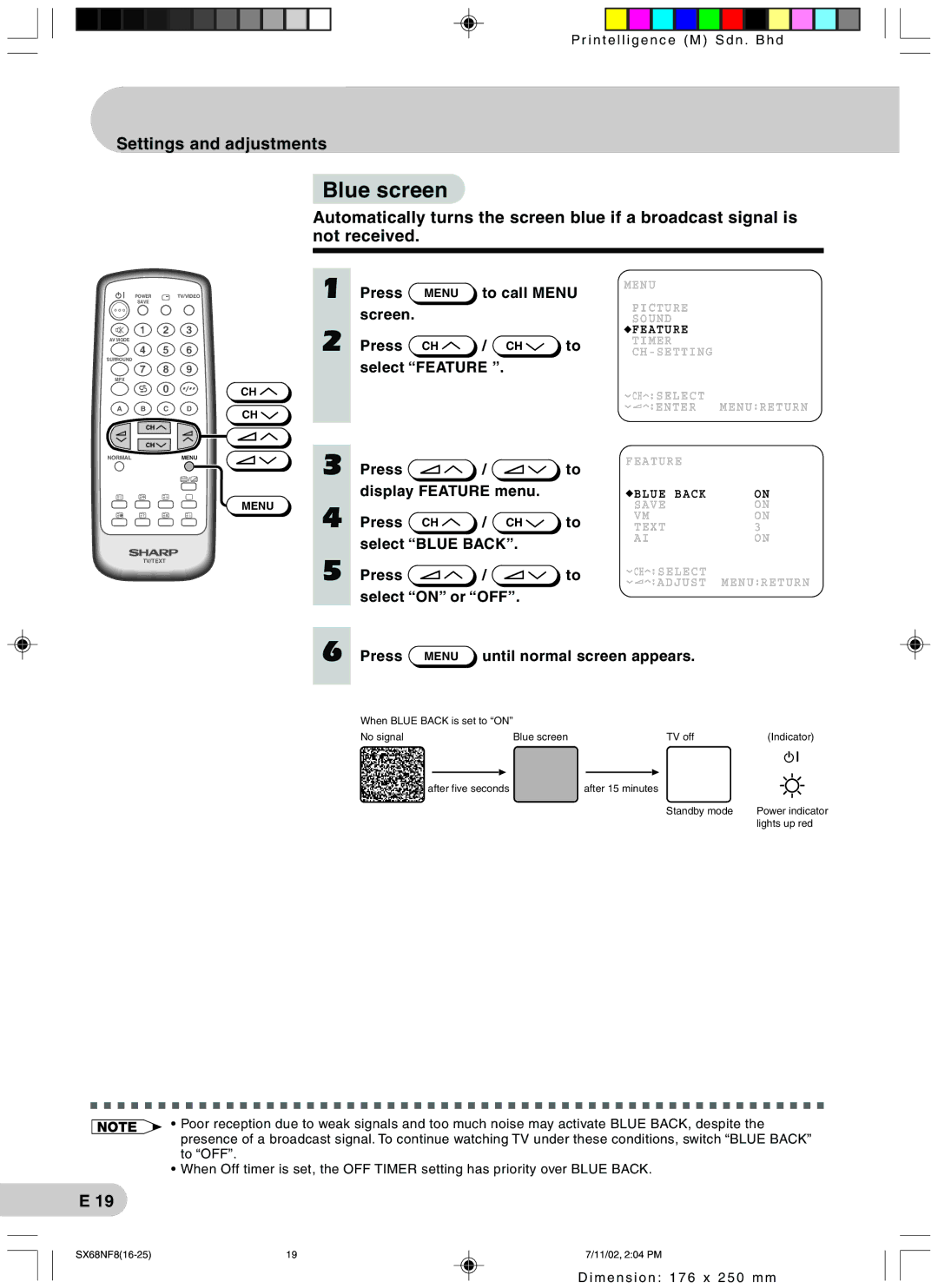 Sharp SX68NF8 operation manual Blue screen 