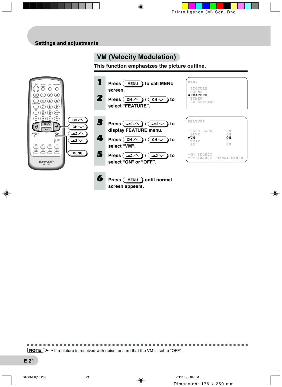 Sharp SX68NF8 operation manual VM Velocity Modulation, This function emphasizes the picture outline, Select VM Press 