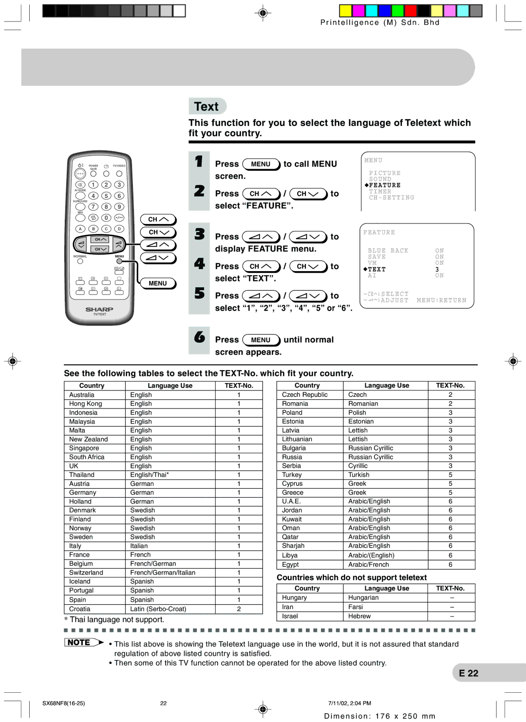 Sharp SX68NF8 Text, Screen Press Select Feature, Press Display Feature menu, Countries which do not support teletext 