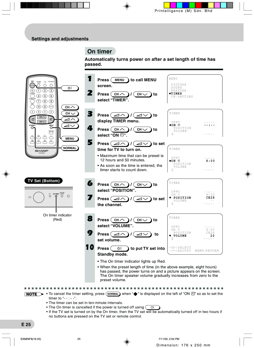 Sharp SX68NF8 operation manual On timer, Press Menu To call Menu, Press Select Position To set Channel 